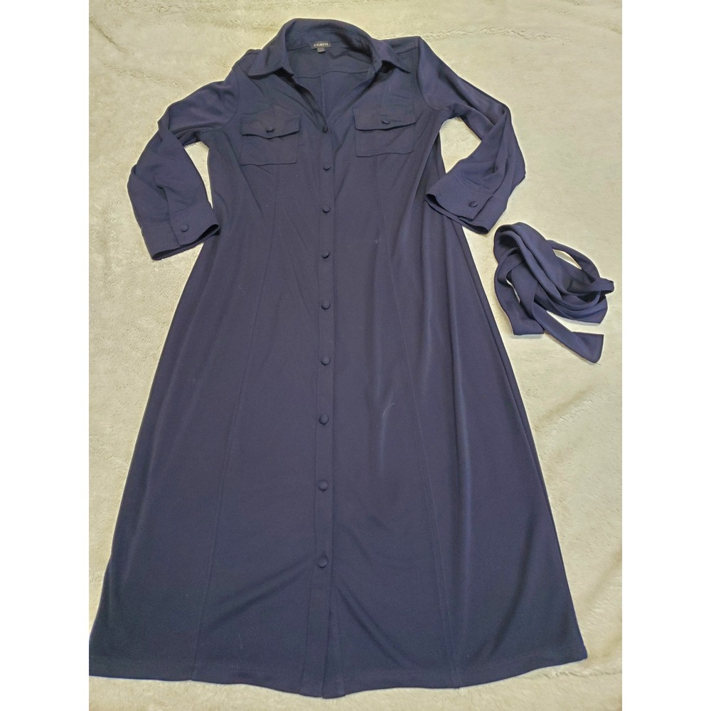 Talbots Navy Blue Button Office Classic Belt Midi Dress Small Basic Minimalist